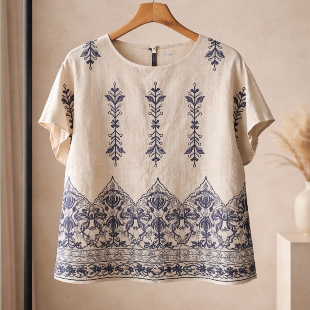 Cream Short-Sleeve Embroidered Blouse with Navy Motif